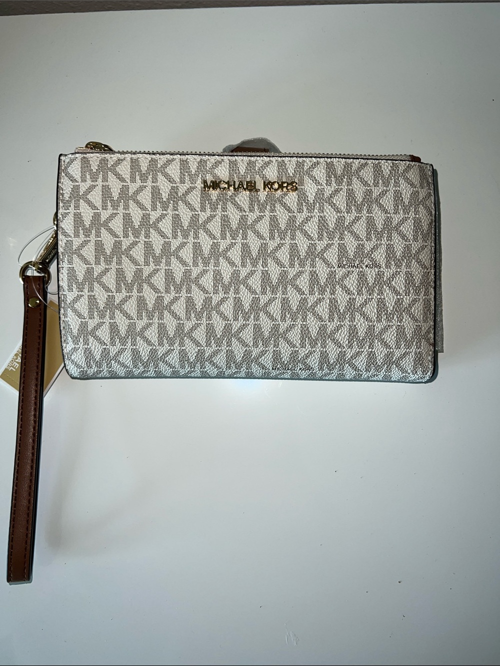 Michael Kors Beige Logo Wristlet with Brown Trim